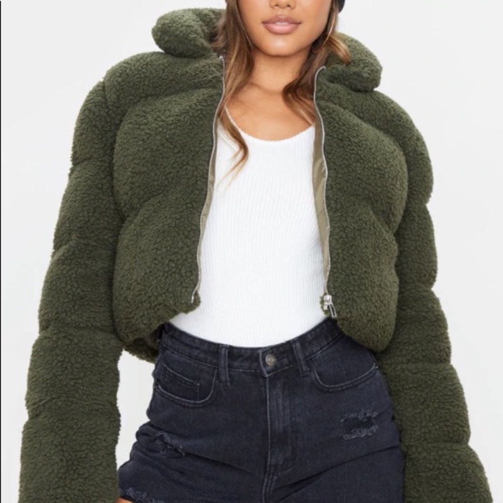 PrettyLittleThing Green Fuzzy Puffer Jacket.